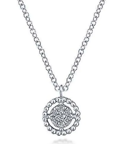 14K White Gold Beaded Round Floating Diamond Pendant Necklace