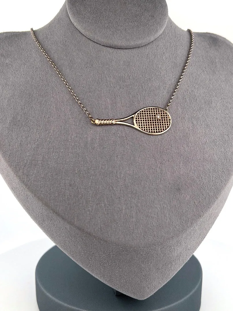 1.5" Gold Racket   Diamond Tennis Ball Necklace