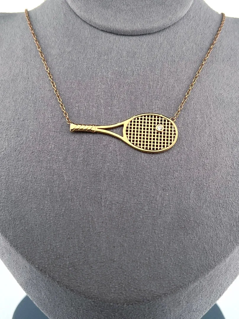 1.5" Gold Racket   Diamond Tennis Ball Necklace