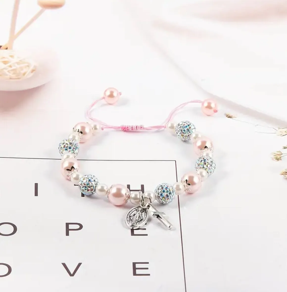 1pc White/ Pink Crystal Beads, Adjustable Hand String Bracelet, First Communion Gift Card, Youth