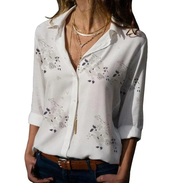 2021 Long Sleeve Women Blouses Turn-down Collar Work Wear Chiffon Shirts S-5XL