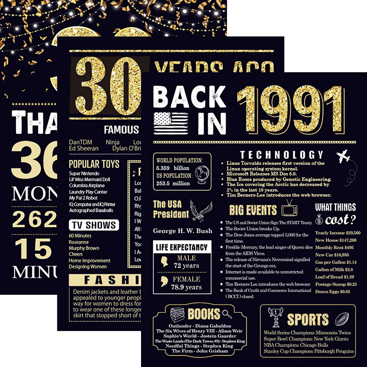 30 Years Ago 30th Birthday Wedding Anniversary Poster 3 Pieces 11 x 14 30s Party Decorations Supplies Large Sign Home Decor for Men and Women (Back in 1991-30 Years)