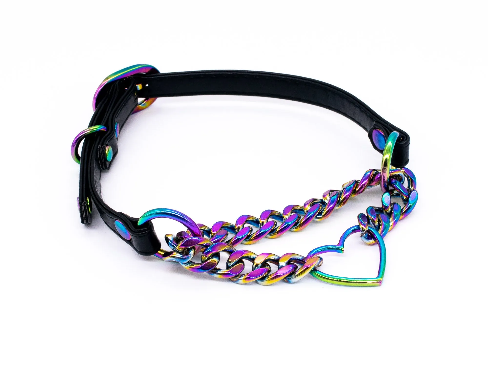 3/8" Heart Ring Black Vegan Leather Martingale Collar in Rainbow