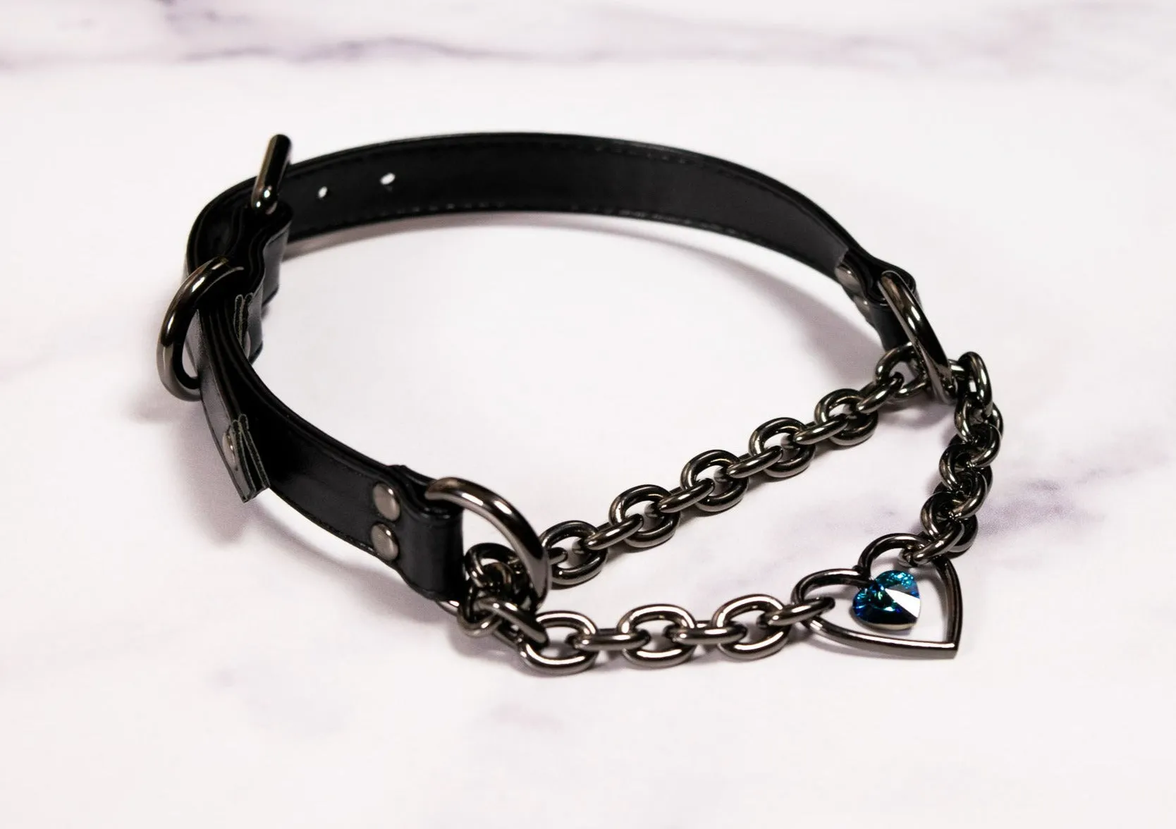 5/8" Design Your Own Swarovski Petite Heart Ring Black Vegan Leather Martingale Collar