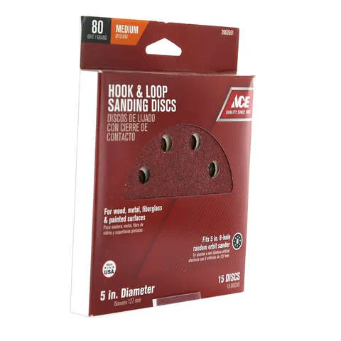 Ace 5 in. Aluminum Oxide Hook and Loop Sanding Disc 80 Grit Medium 15 pk