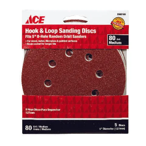 Ace 5 in. Aluminum Oxide Hook and Loop Sanding Disc 80 Grit Medium 5 pk, Pack of 5