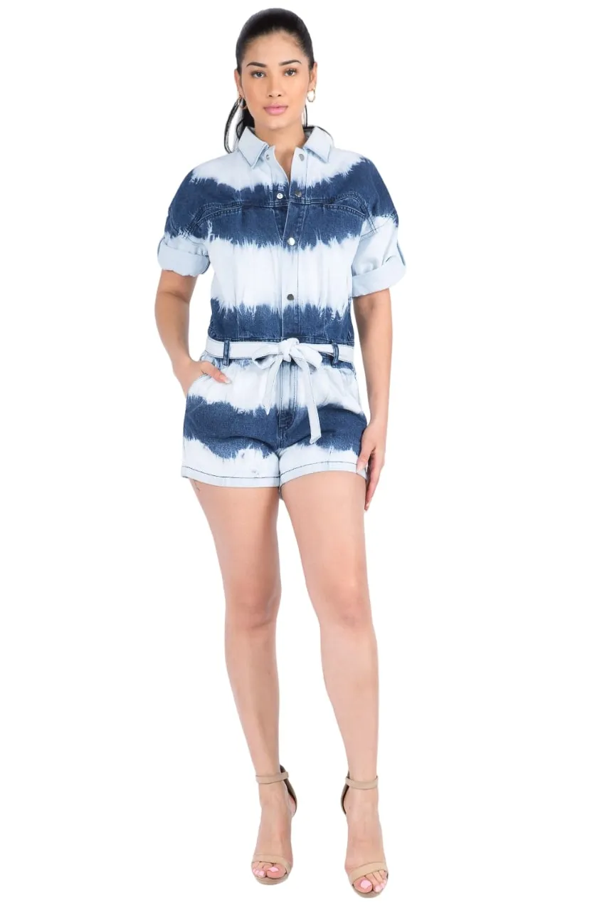 American Bazi Women's Tie-Dye Denim Romper