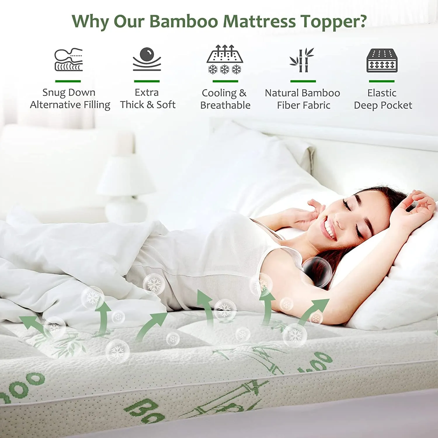 Bamboo Mattress Topper Queen Size with 8-21 Deep Pocket Mattress Pad for Back Pain Pillow Top Mattress Cooling Cover Quilted Mattress Protector with down Alternative Fill (60X80)