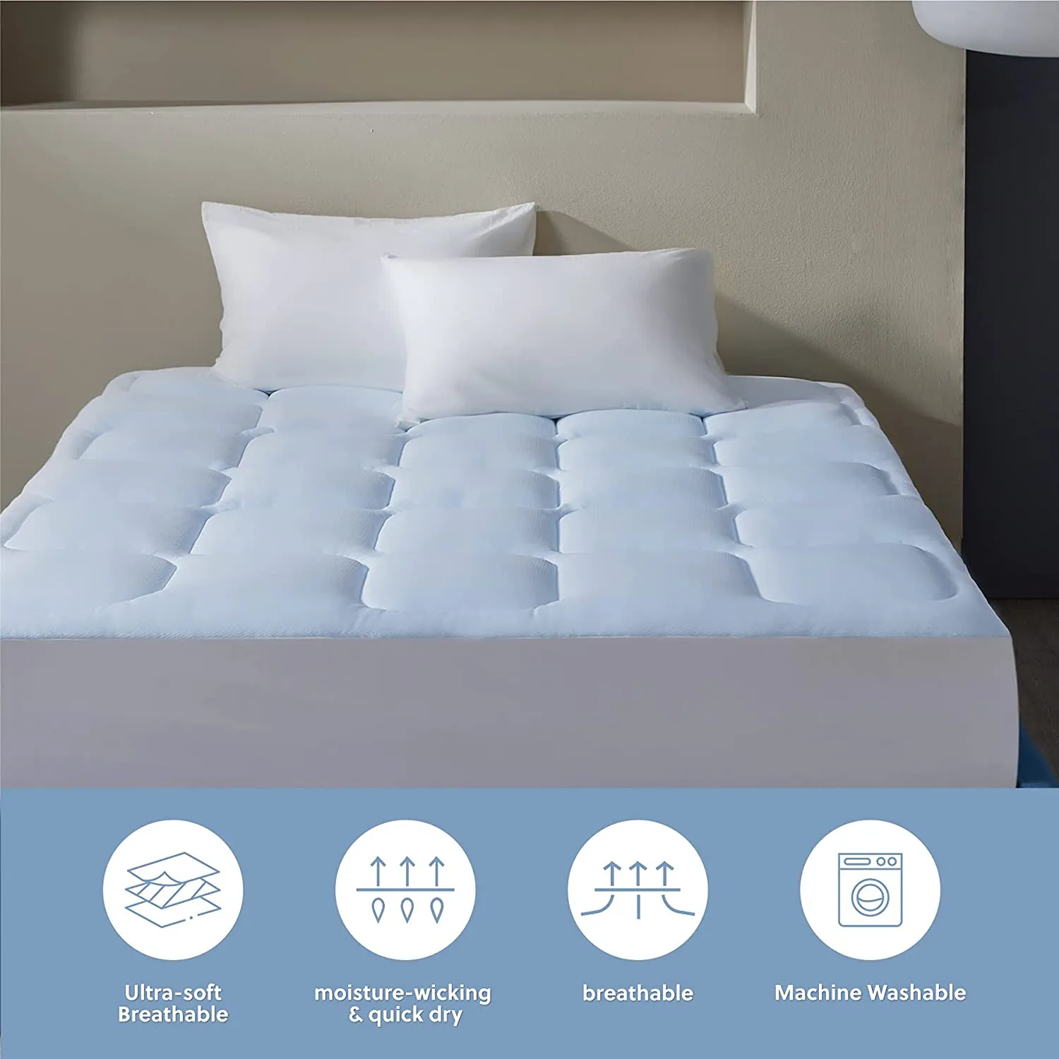 Bedsure Queen Mattress Pad Breathable - Breathable Cooling Mattress Pad Bedding Quilted Cool Mattress Cover Deep Pocket Fits Up to 18 inches Blue (Queen 60x80)