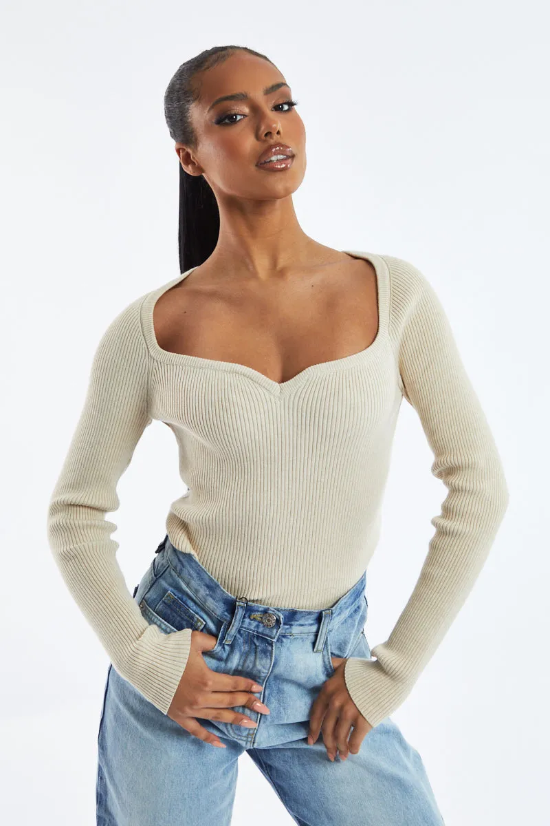 Beige Rib Knit Long sleeve Top - Gianna