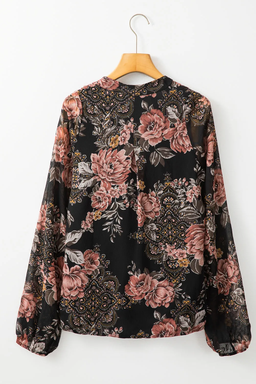 Black Floral Print Criss Cross V Neck Balloon Sleeve Blouse