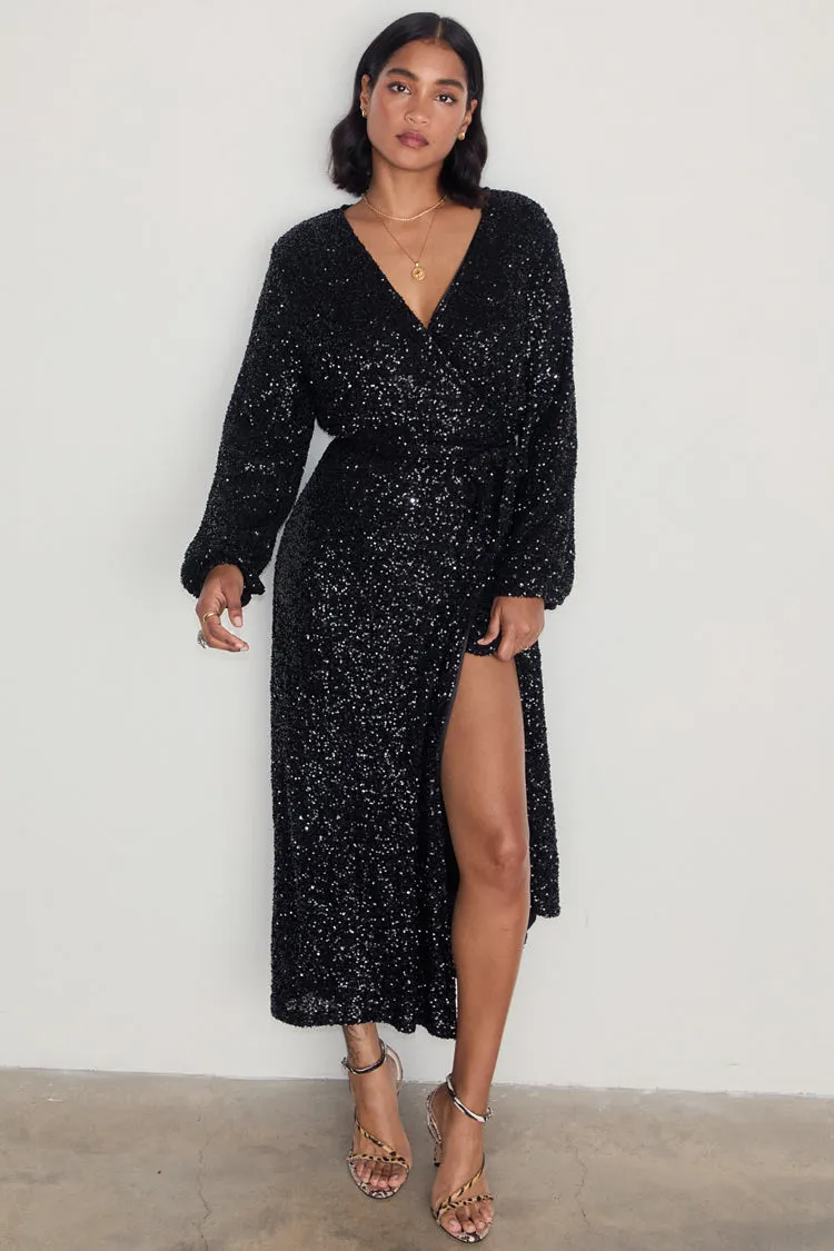 Black Sequin Kira Wrap Dress Petite