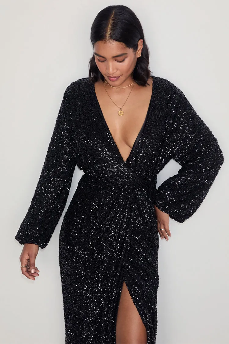 Black Sequin Kira Wrap Dress Petite