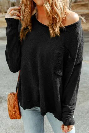 Black Solid Color Off Shoulder Rib Knit Sweater with Pocket