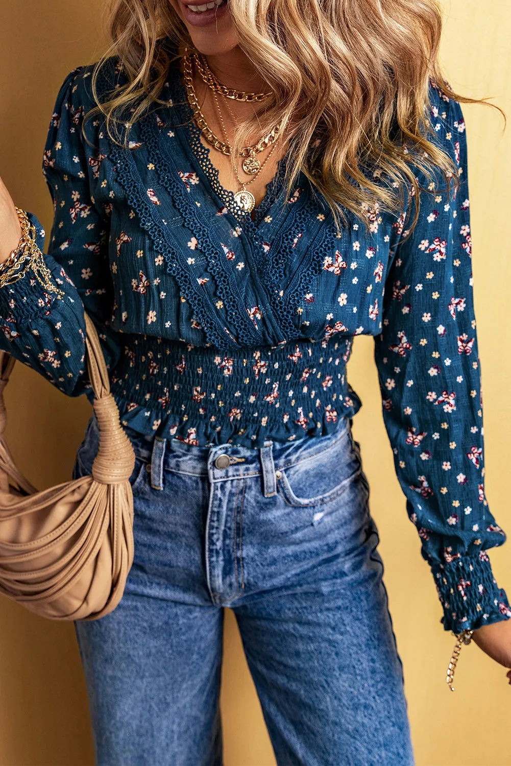 Blue Lace Trim V Neck Floral Smocked Long Sleeve Blouse