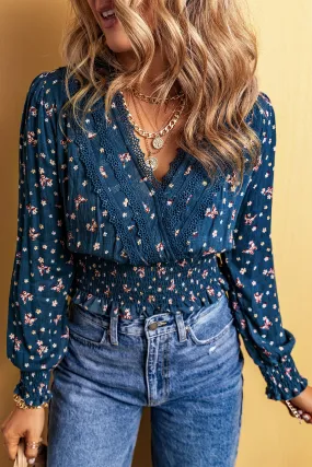 Blue Lace Trim V Neck Floral Smocked Long Sleeve Blouse