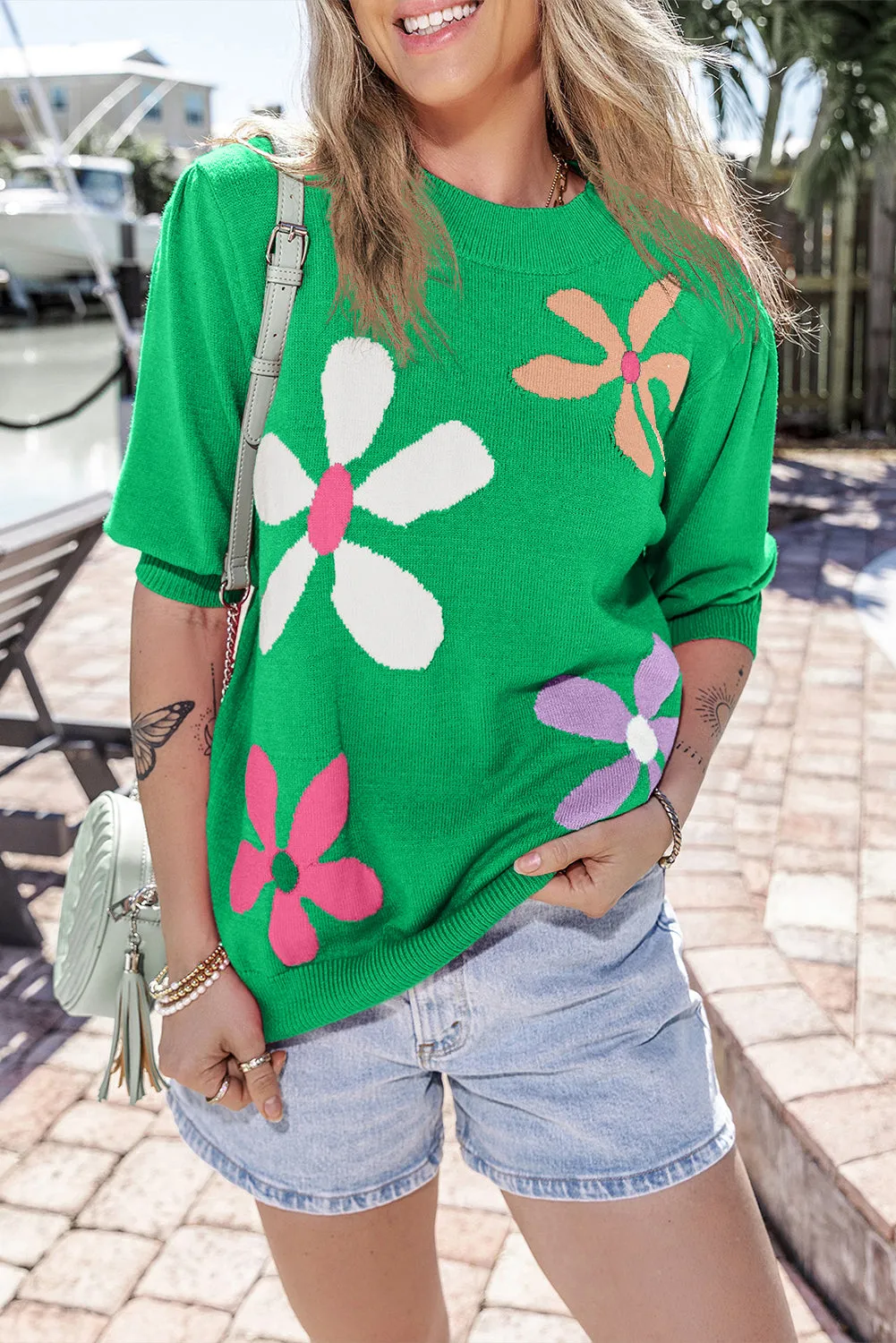 Bright Pink Floral Bubble Short Sleeve Sweater