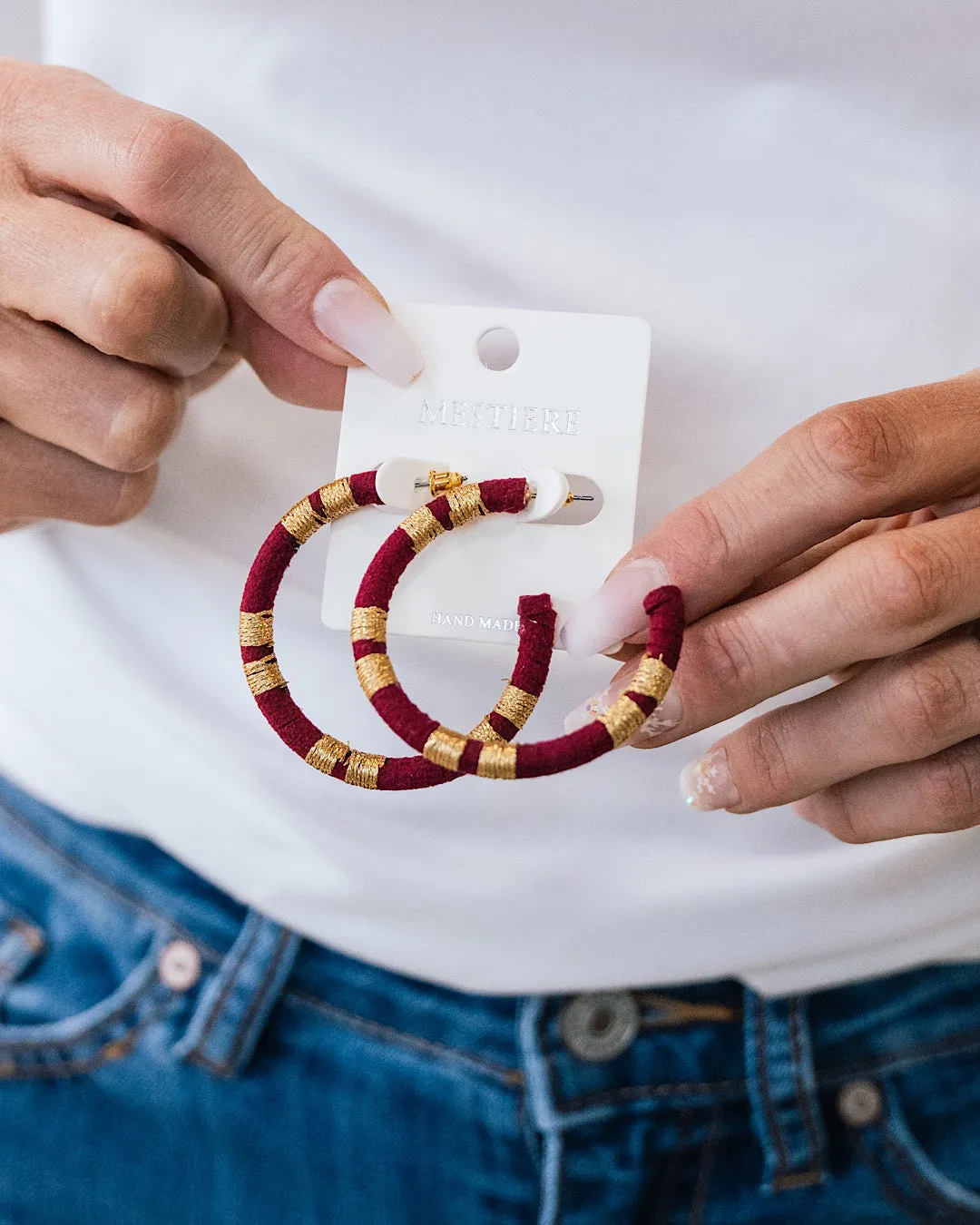 Burgundy and Gold Wrapped Hoops