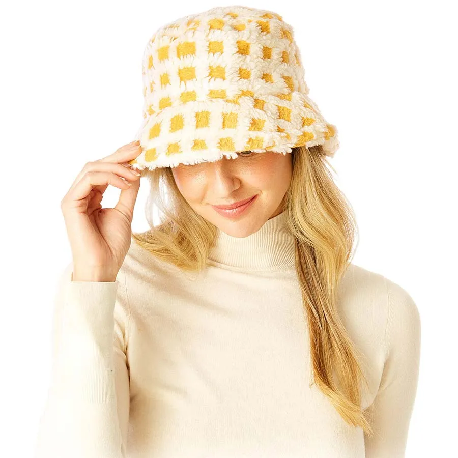 Check Patterned Faux Fur Bucket Hat