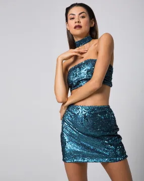 Cherry Tube Skirt in Mini Sequin Teal