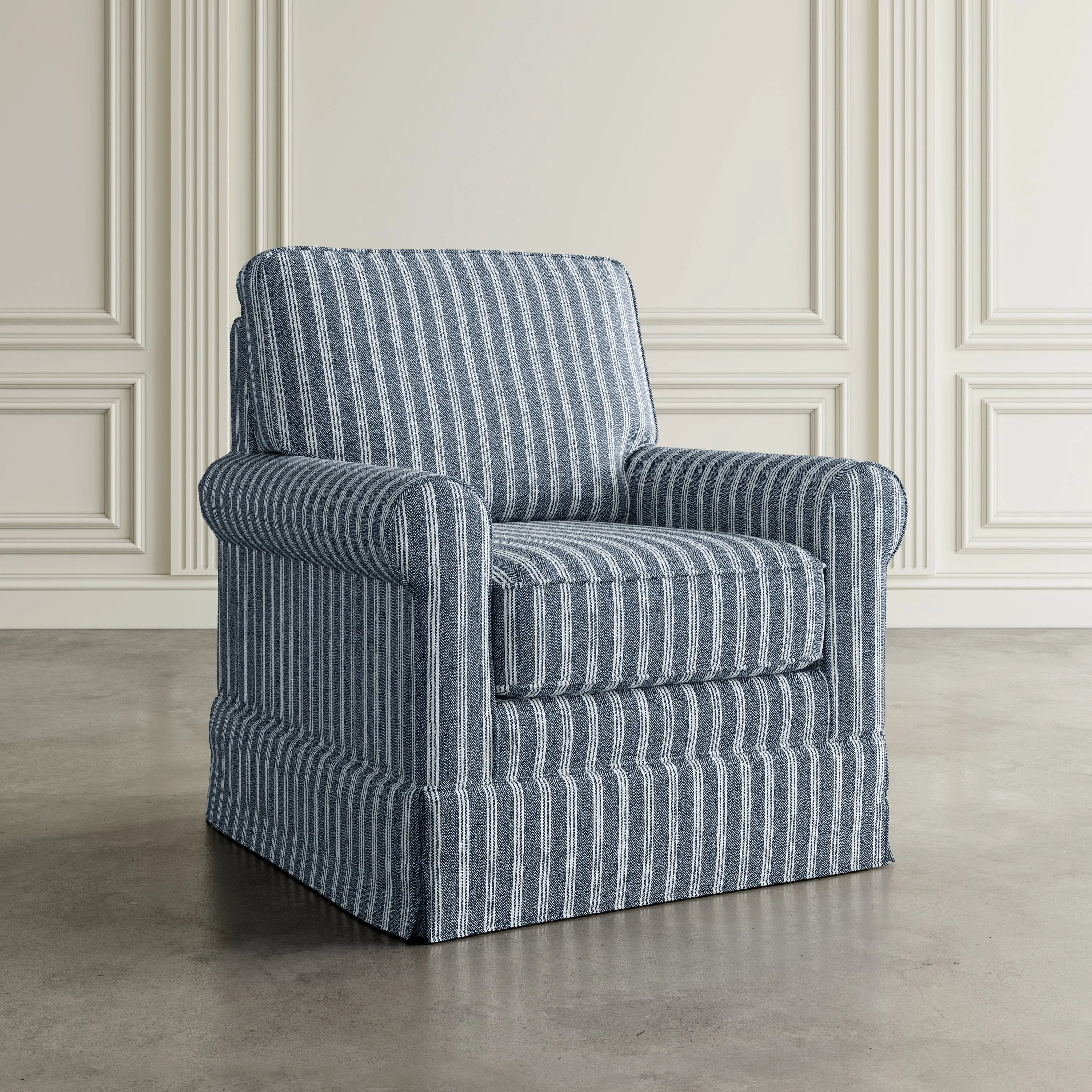 Chikhali Navy Striped Upholstered Skirted Swivel Accent Chair