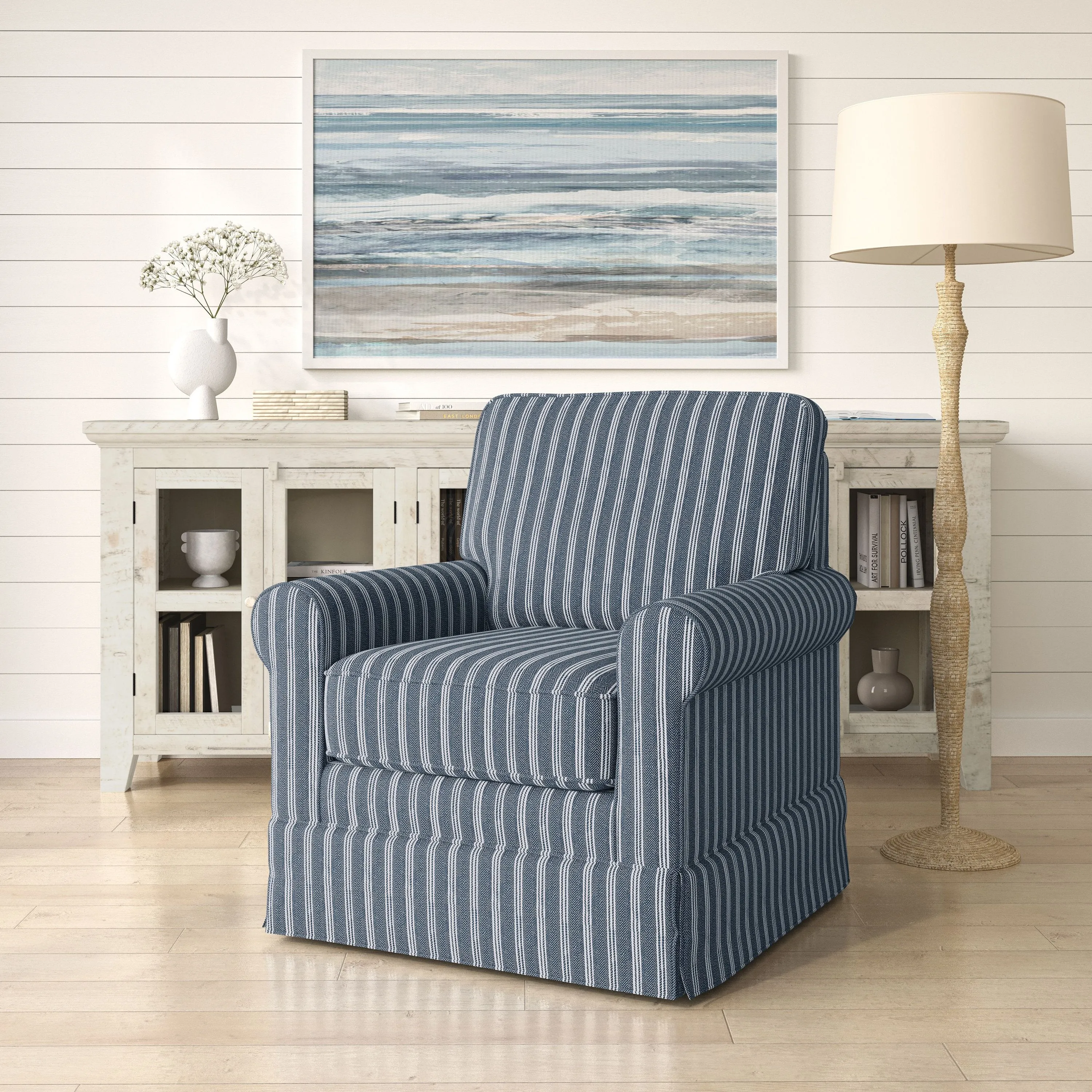 Chikhali Navy Striped Upholstered Skirted Swivel Accent Chair