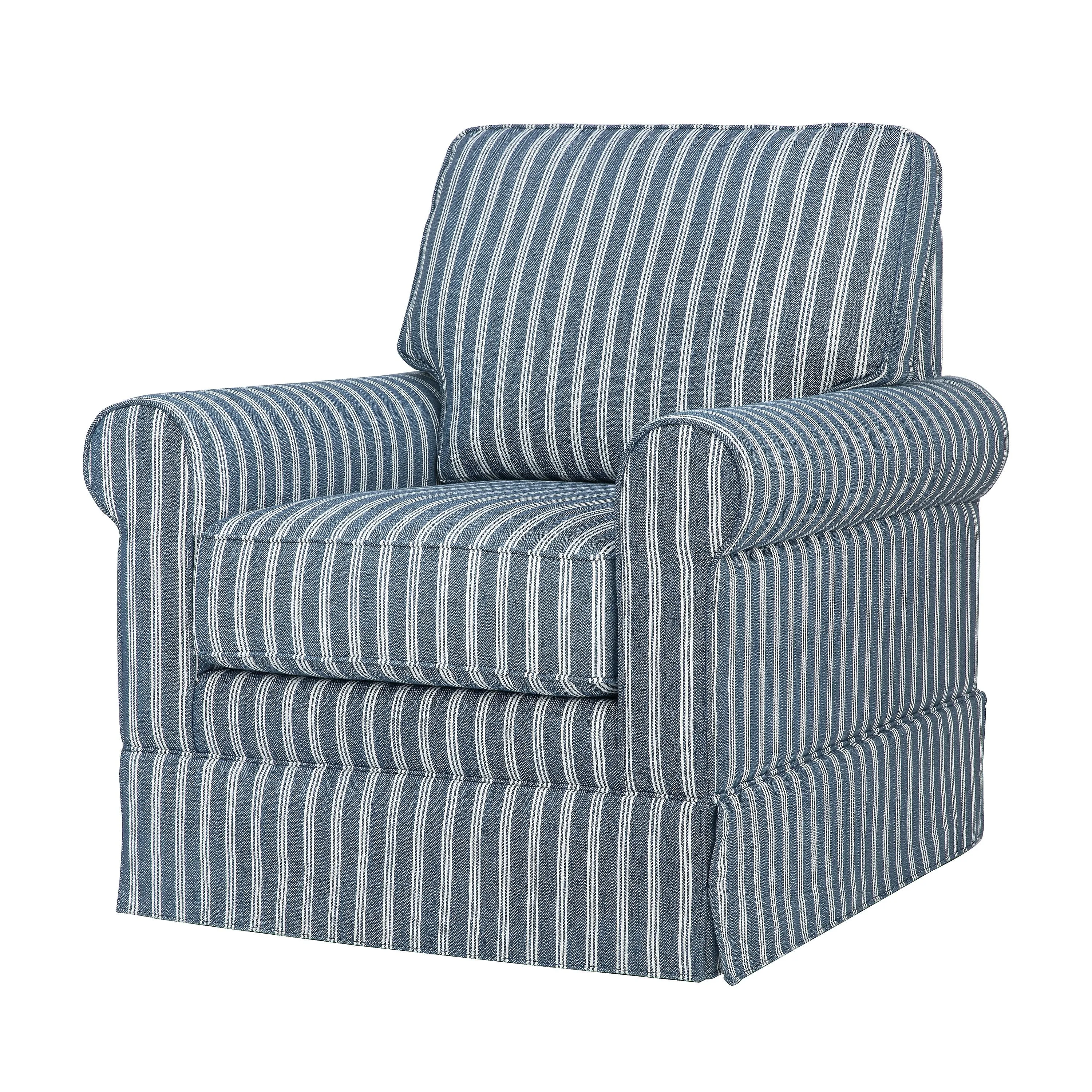 Chikhali Navy Striped Upholstered Skirted Swivel Accent Chair