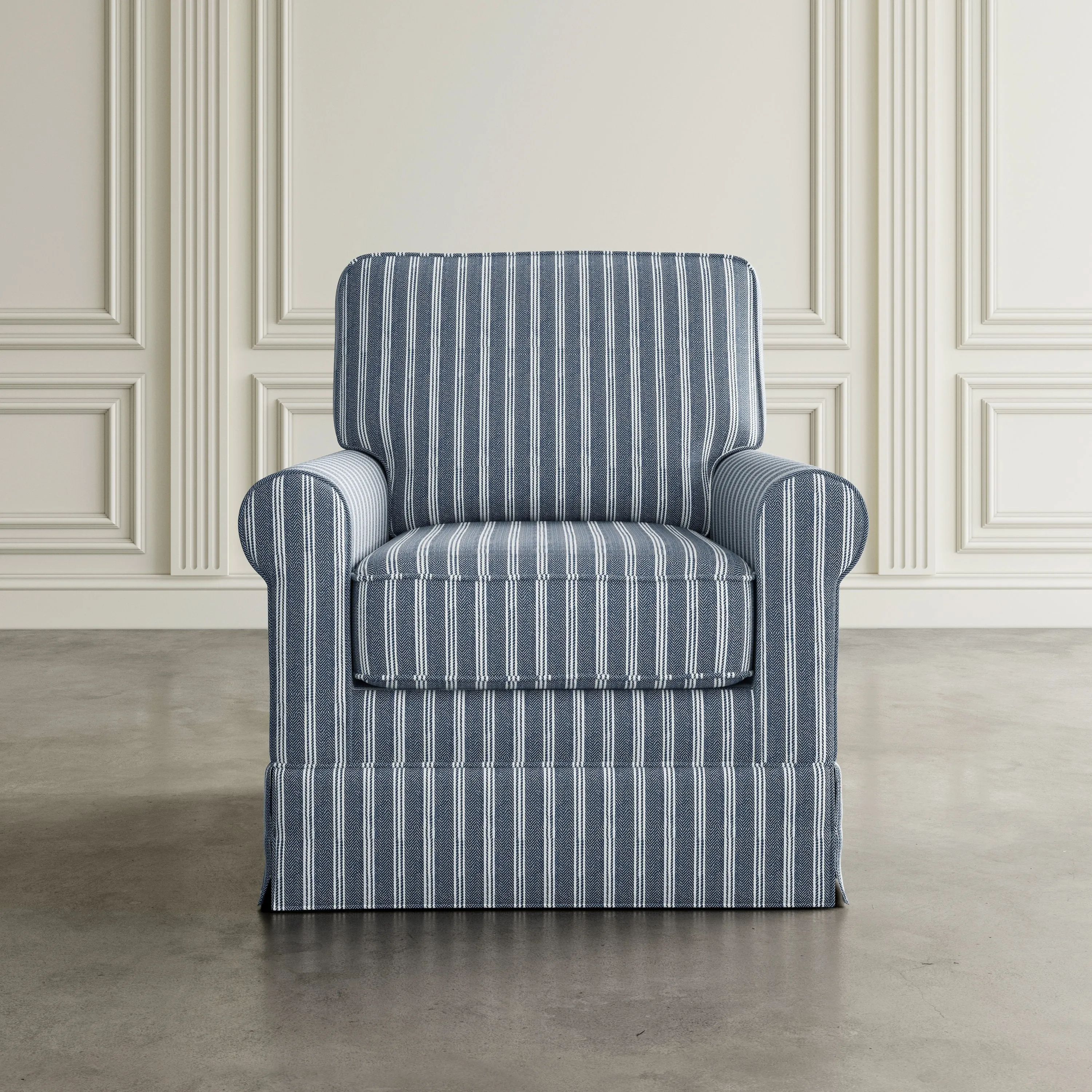 Chikhali Navy Striped Upholstered Skirted Swivel Accent Chair