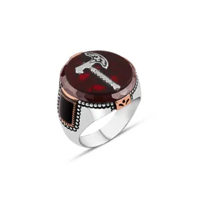 Circle Red Agate Stone with Viking Axe Silver Men's Ring Onyx Siding Onyx in Epaulet Shape