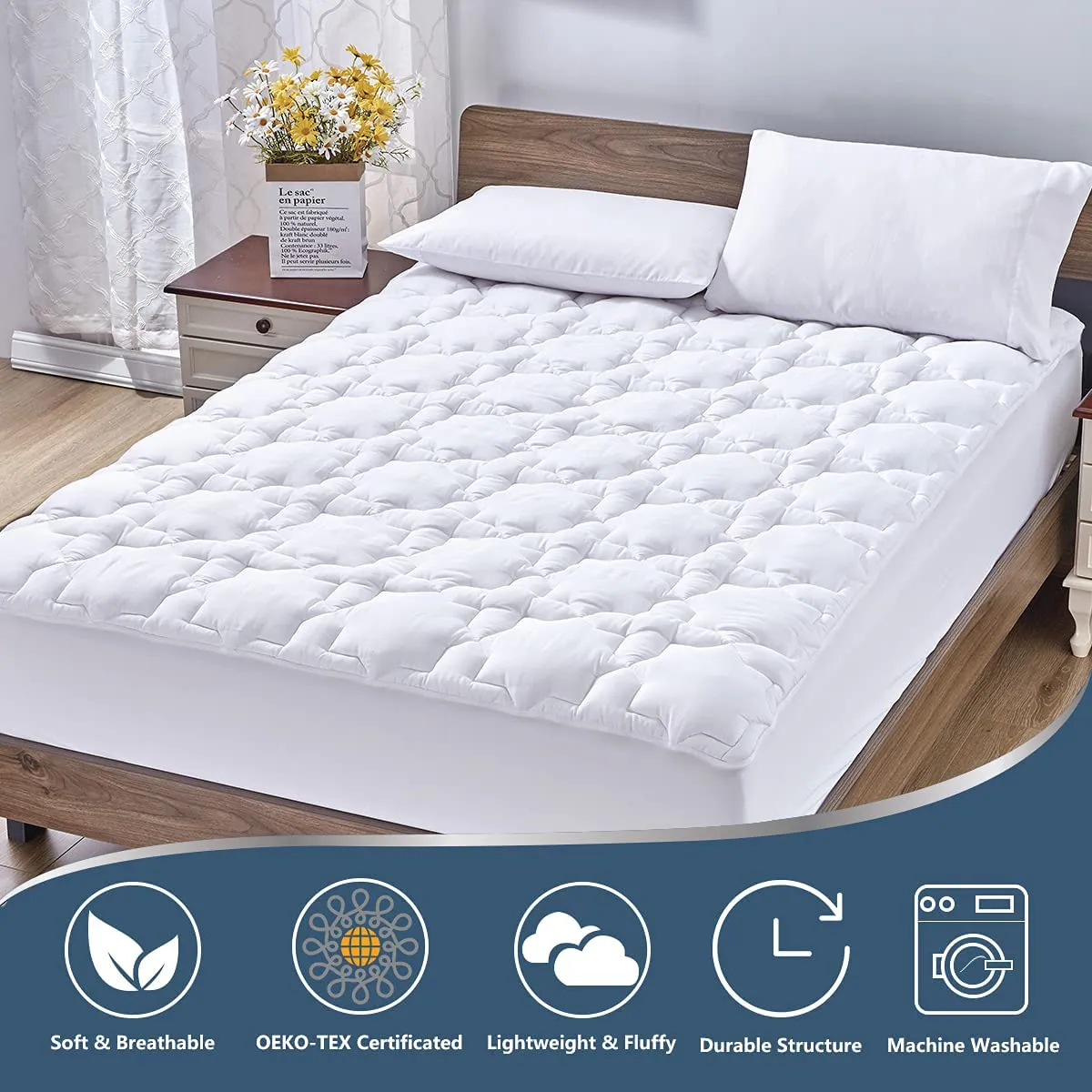 CozyLux King Mattress Pad Deep Pocket Non Slip Cotton Mattress Topper Breathable and Soft Quilted Fitted Mattress Cover Up to 18 Thick Pillowtop 450GSM Bed Mattress Pad White