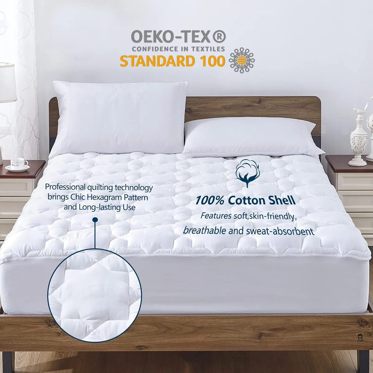 CozyLux King Mattress Pad Deep Pocket Non Slip Cotton Mattress Topper Breathable and Soft Quilted Fitted Mattress Cover Up to 18 Thick Pillowtop 450GSM Bed Mattress Pad White