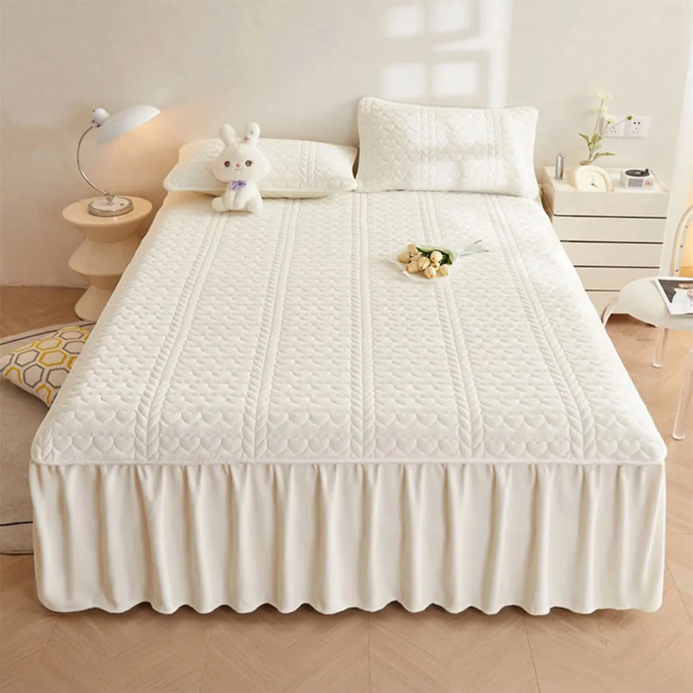 Creamy Milk Velvet Quilted Bed Skirt Set