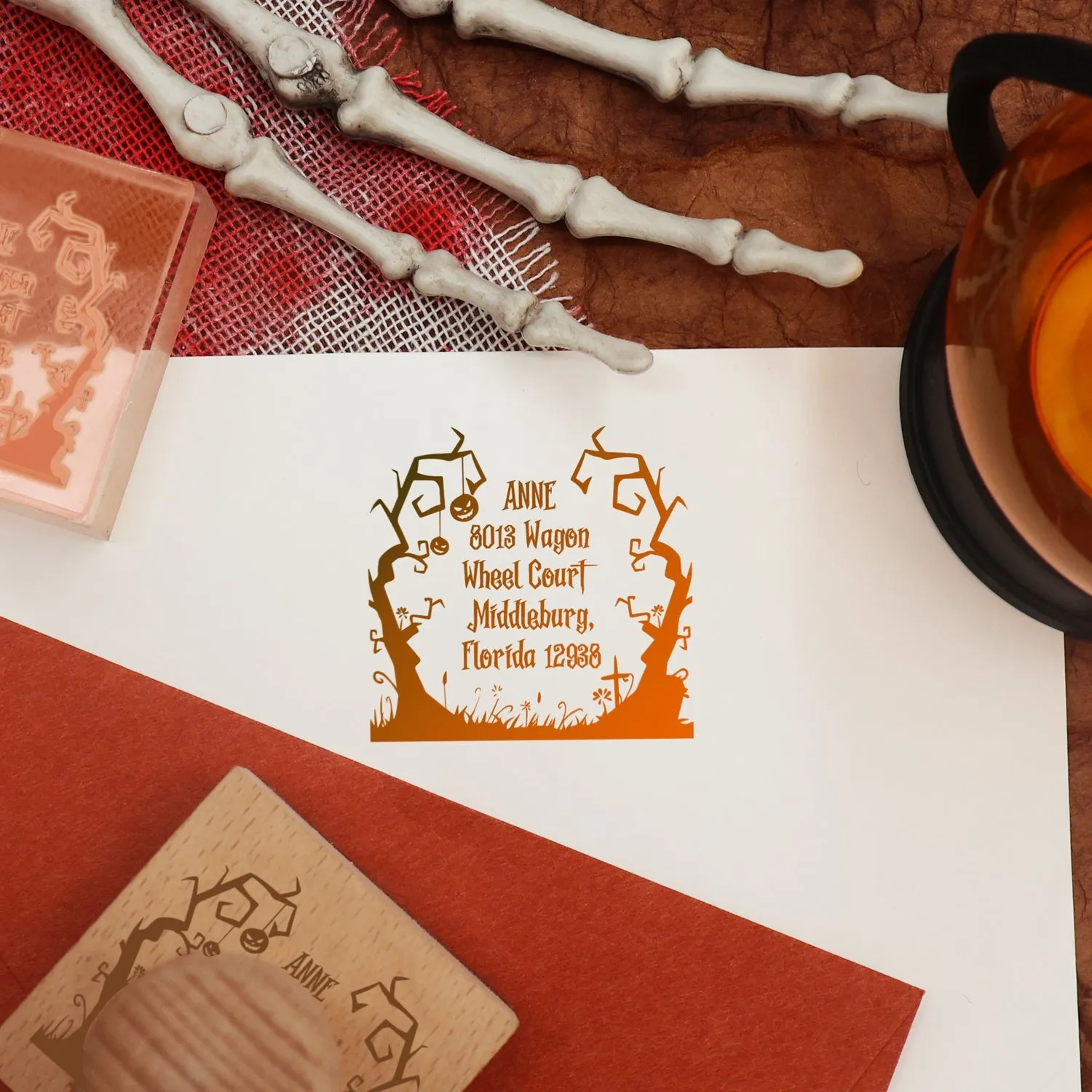 Custom Twin Trees Halloween Address Rubber Stamp