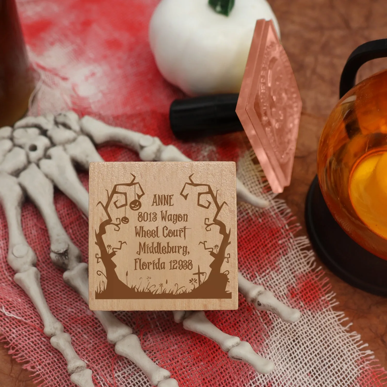 Custom Twin Trees Halloween Address Rubber Stamp