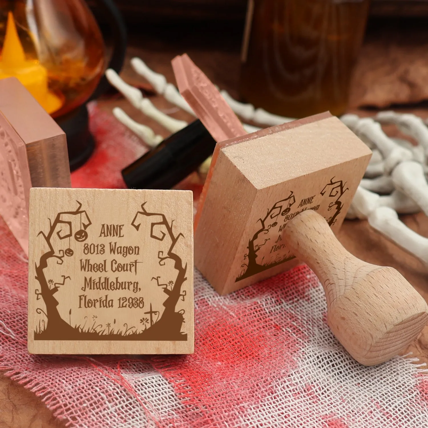 Custom Twin Trees Halloween Address Rubber Stamp