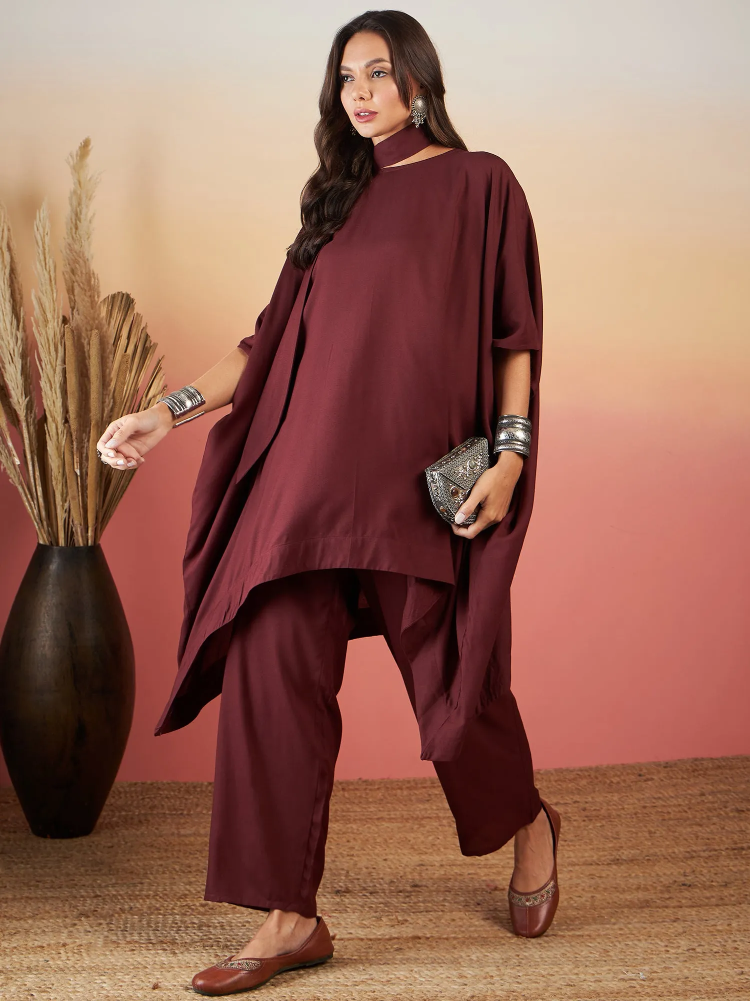 Dark Brown Solid Tie Neck Kaftan Style Boho Pant Set