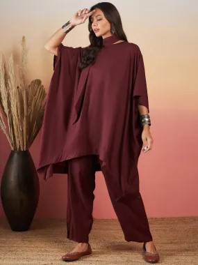 Dark Brown Solid Tie Neck Kaftan Style Boho Pant Set