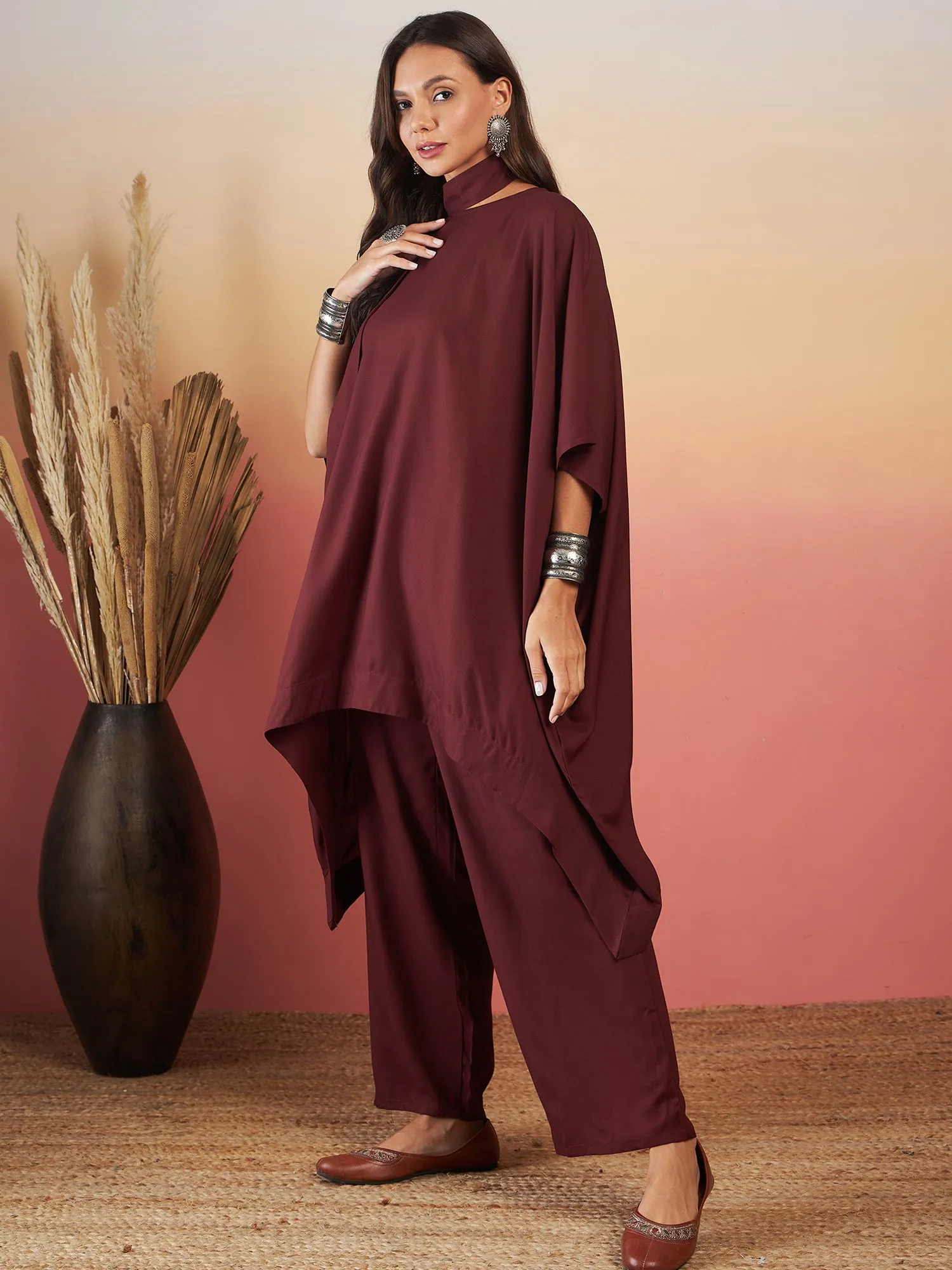 Dark Brown Solid Tie Neck Kaftan Style Boho Pant Set