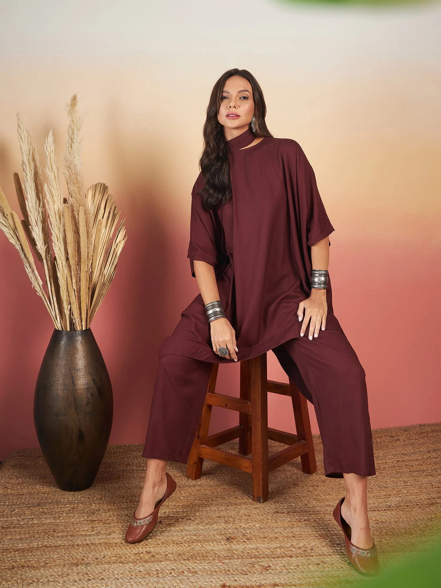 Dark Brown Solid Tie Neck Kaftan Style Boho Pant Set