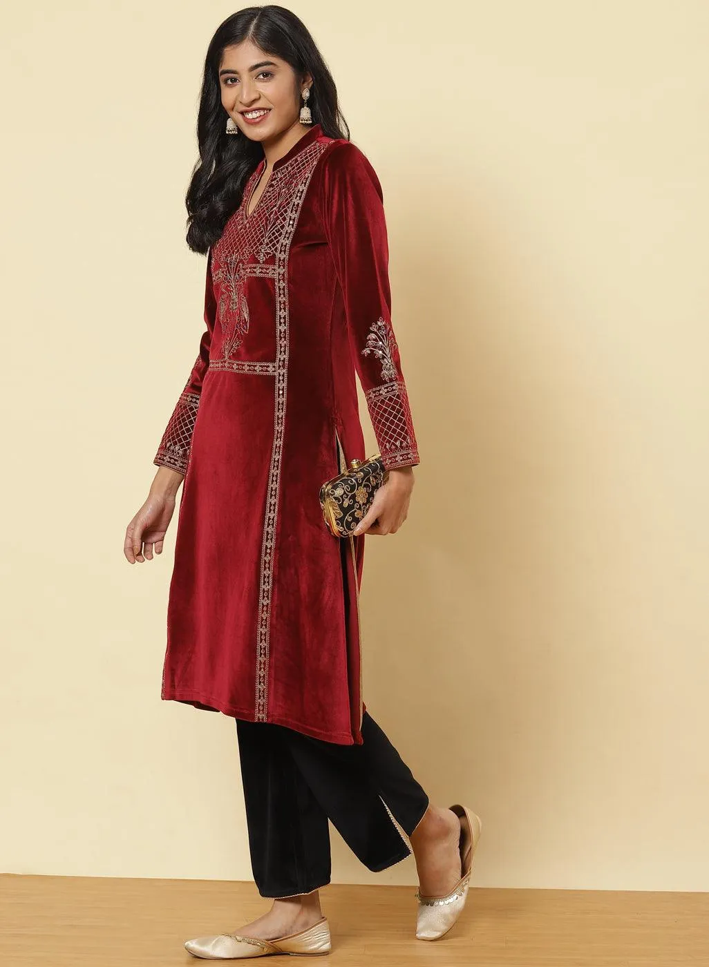 Dark Maroon Embroidered Velvet Kurti