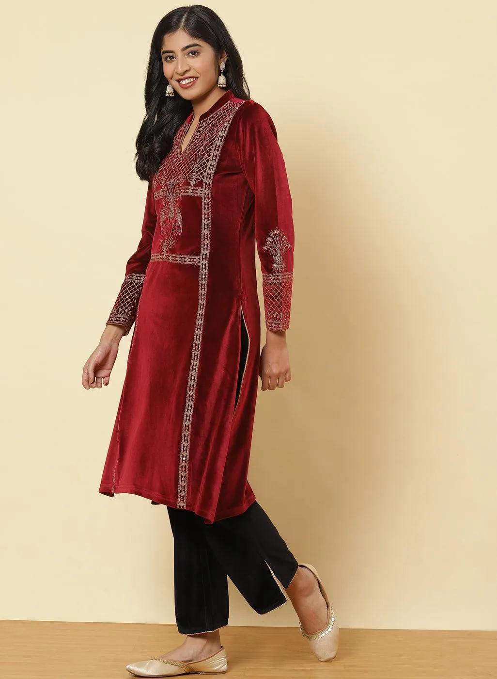 Dark Maroon Embroidered Velvet Kurti