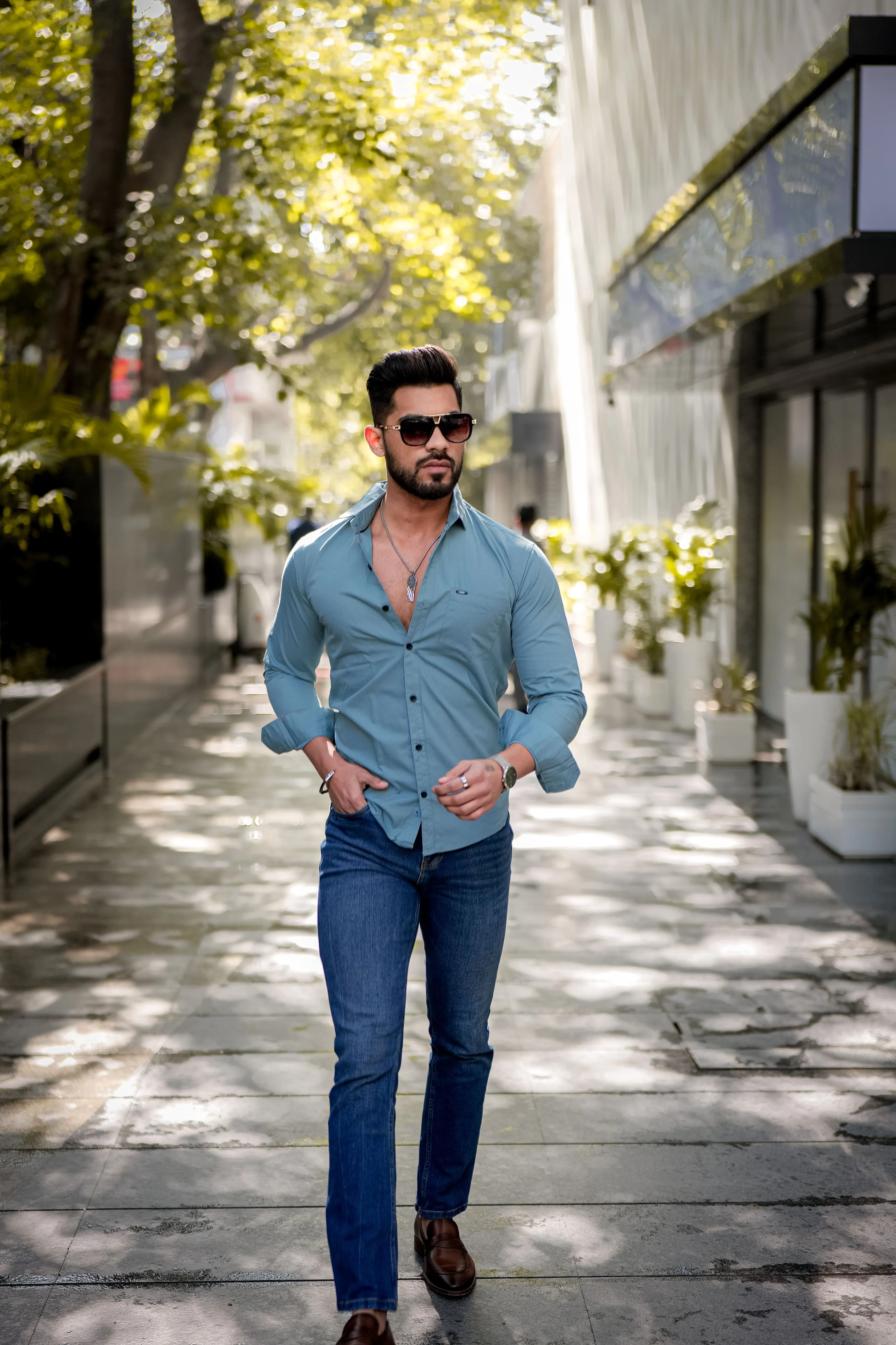 Dark Pastel Blue Solid Cotton Shirt