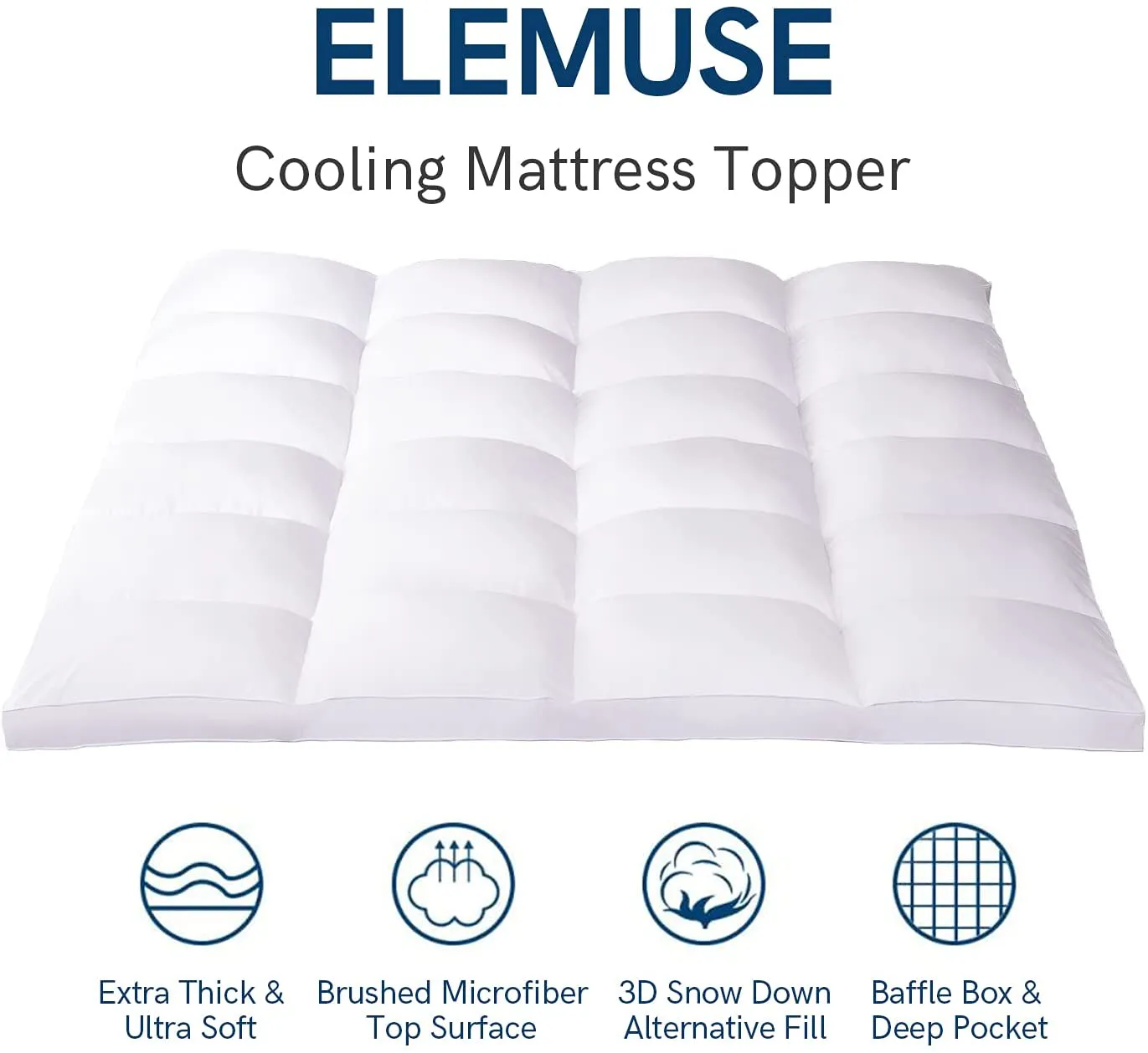 ELEMUSE King White Cooling Mattress Topper for Back Pain, Extra Thick Mattress pad Cover, Plush Soft Pillowtop with Elastic Deep Pocket, Overfilled Down Alternative Filling