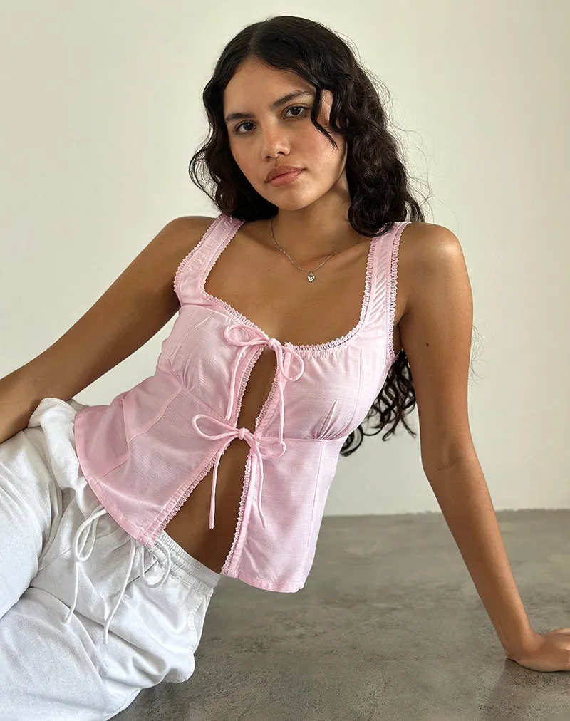 Esau Tie Front Top in Light Pink Private Slub