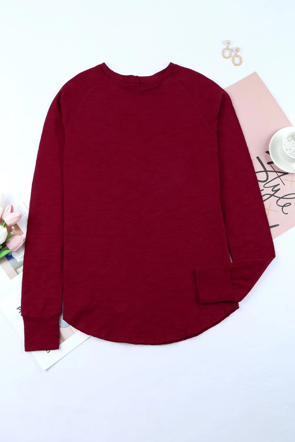 Fiery Red Solid Crew Neck Long Sleeve Top