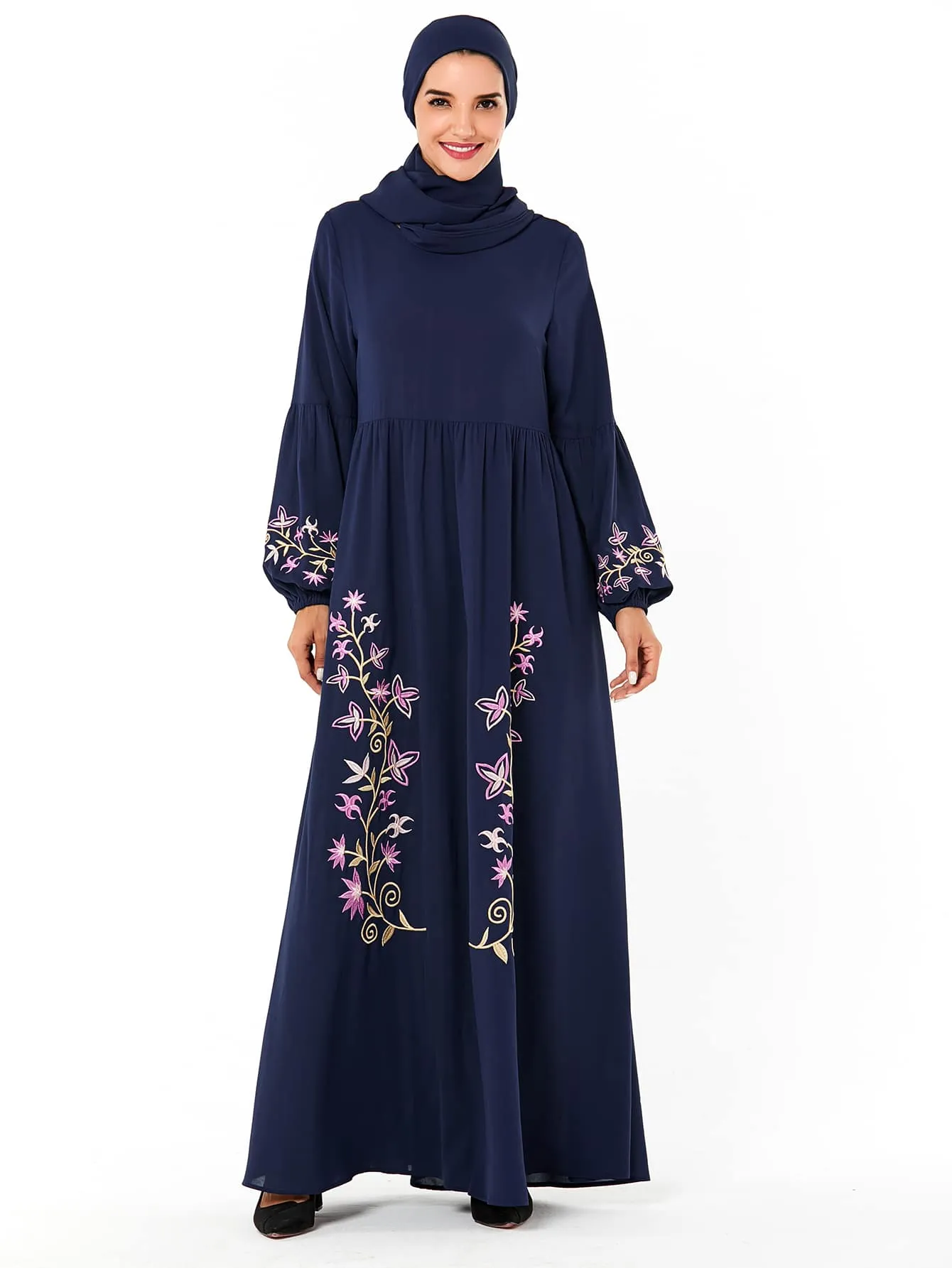 Floral Embroidery Bishop Sleeve Dress Without Headscarf