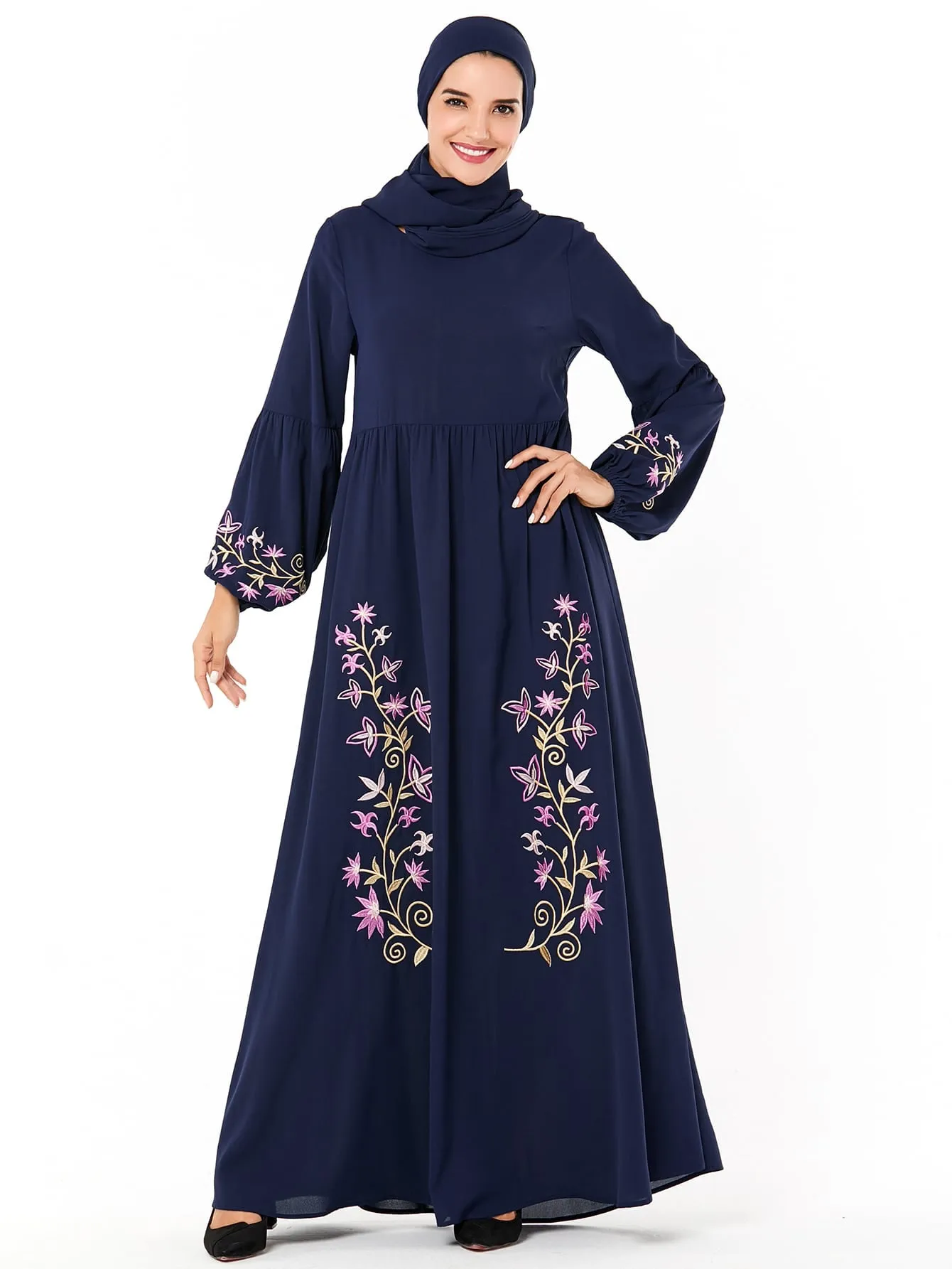 Floral Embroidery Bishop Sleeve Dress Without Headscarf