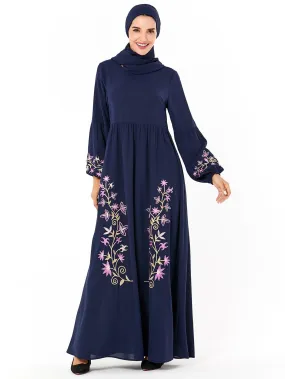 Floral Embroidery Bishop Sleeve Dress Without Headscarf