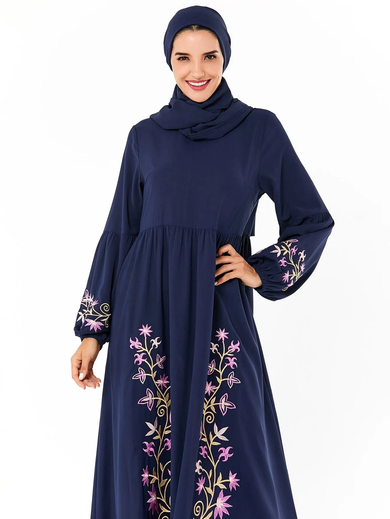 Floral Embroidery Bishop Sleeve Dress Without Headscarf