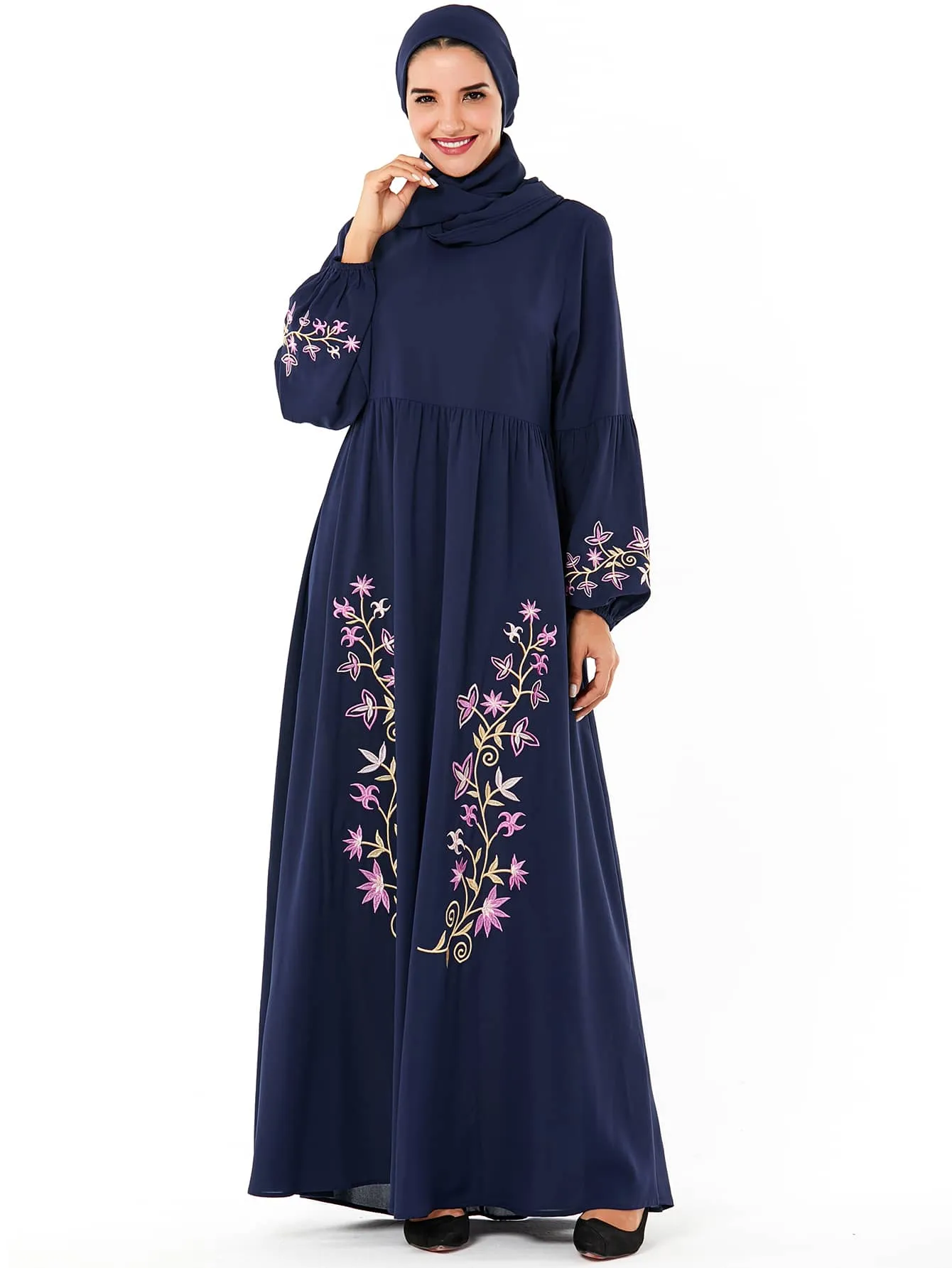 Floral Embroidery Bishop Sleeve Dress Without Headscarf